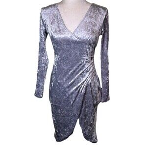 Women Silver Gray Crushed Velvet Bodycon Dress Wrap V Neck Ruched Long Sleeve Sm